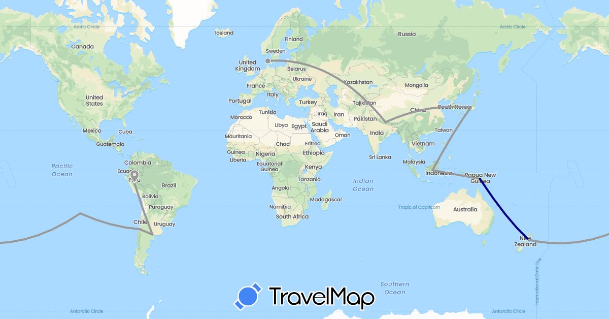 TravelMap itinerary: driving, plane in Argentina, Chile, Denmark, Indonesia, Japan, Nepal, New Zealand, Peru, Papua New Guinea (Asia, Europe, Oceania, South America)